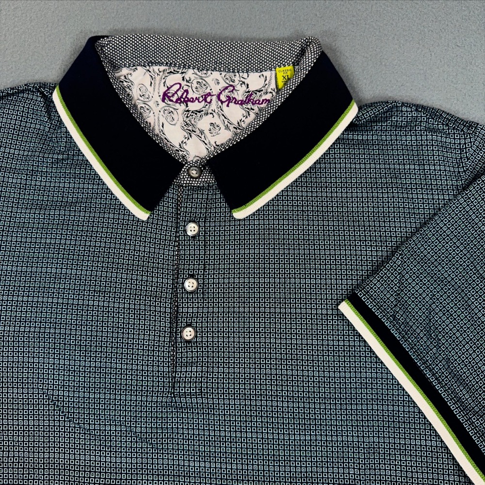 Robert Graham Mens XL Classic Fit Geometric Polo Shirt Navy Green Paisley Trim
